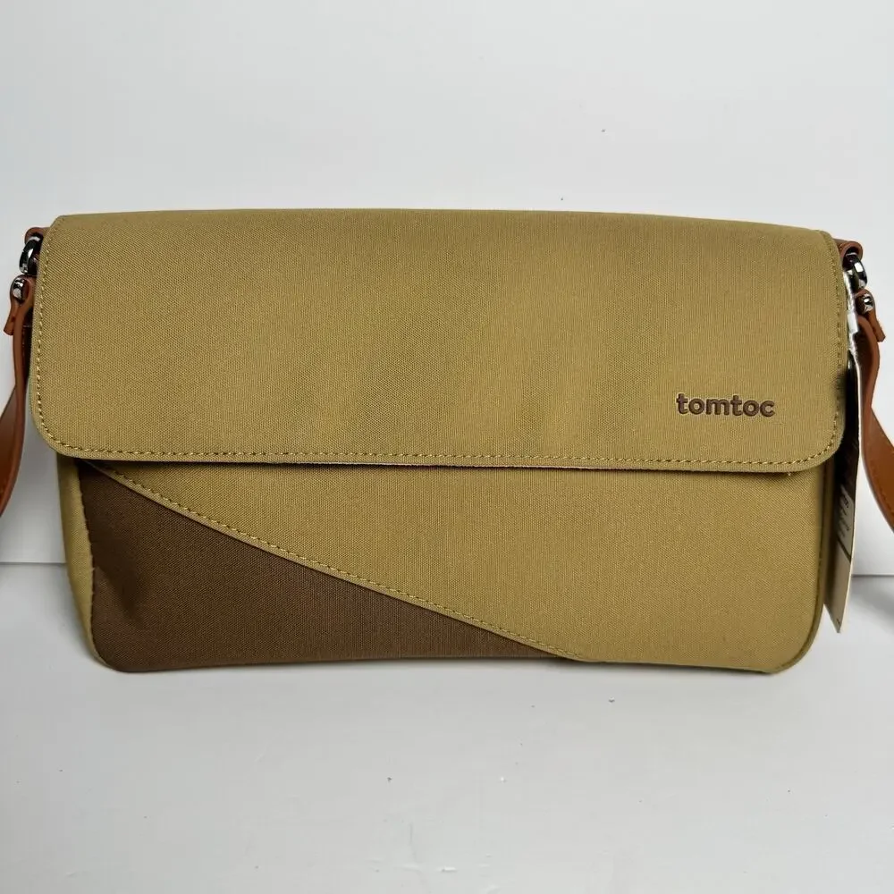 tomtoc Canvas Crossbody Shoulder Messenger Bag Khaki Brown Tablet Travel Case